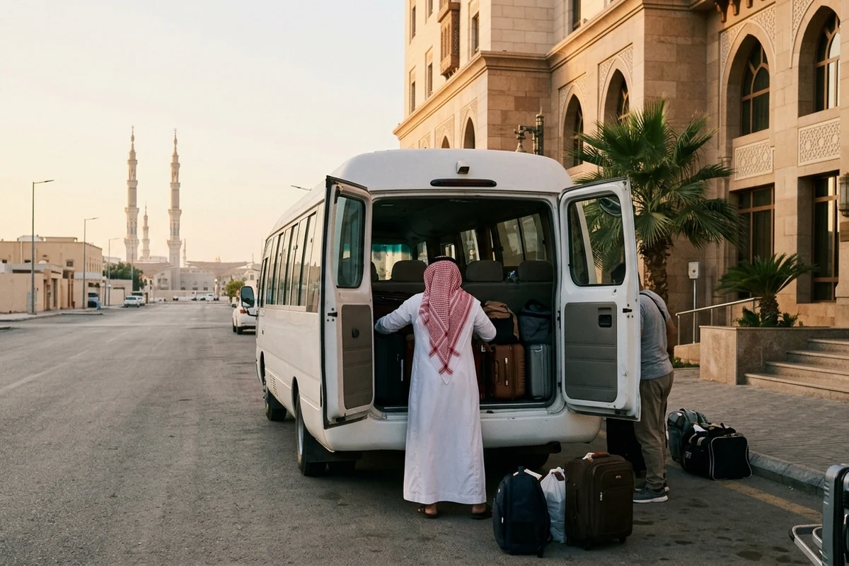 Illustration of luggage being loaded into a private minibus outside a hotel in Madinah