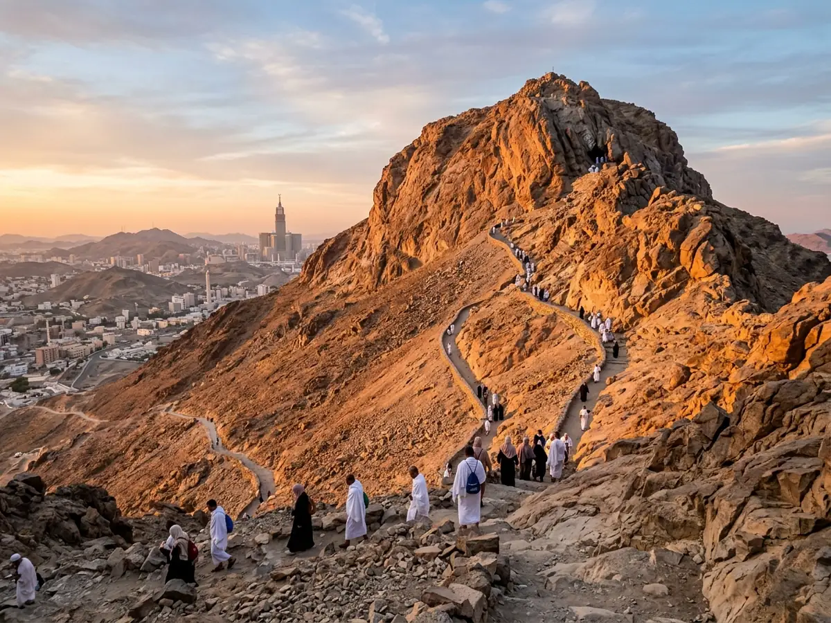 Illustration of pilgrims on the path up Jabal al-Nour, the mountain above Makkah that holds the Cave of Hira
