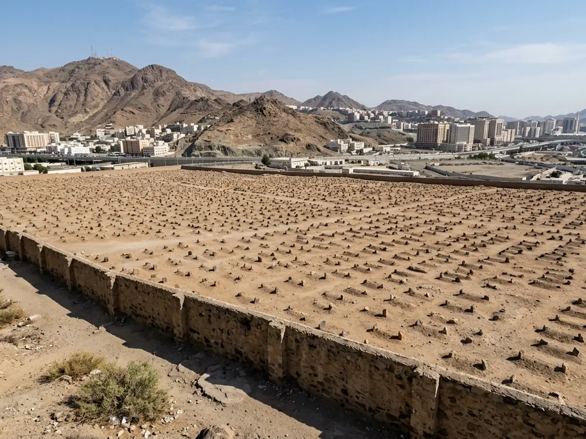 Illustration of the walled cemetery of Jannat al-Mualla in Makkah, with plain unmarked graves