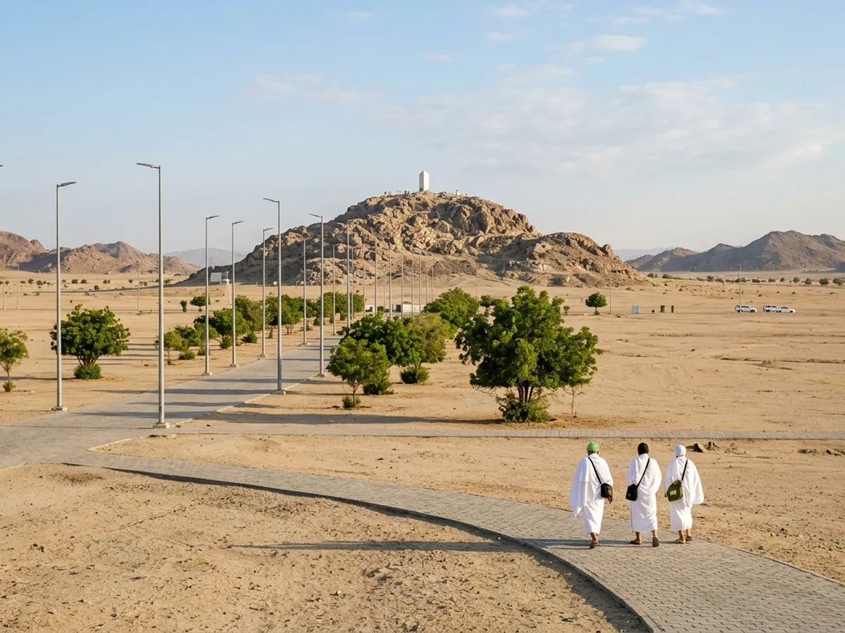 Illustration of the Plain of Arafat with Jabal ar-Rahmah and its white pillar in the distance
