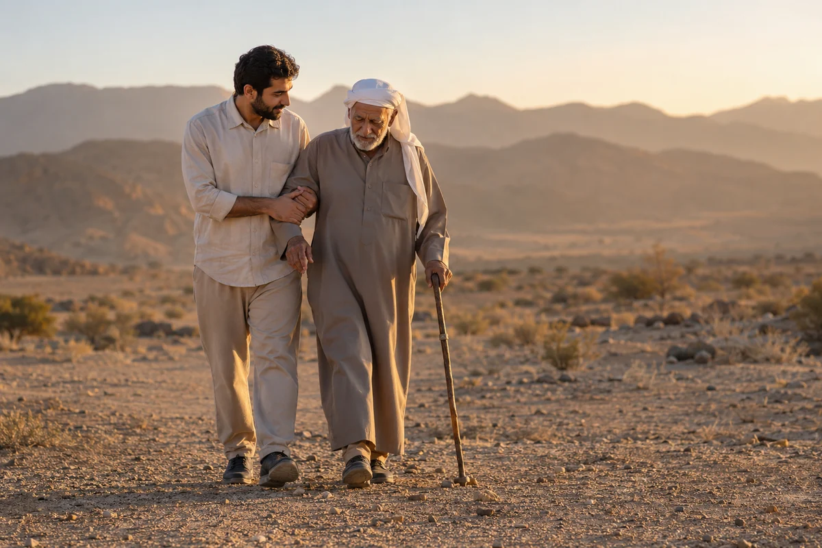 A younger man supporting his elderly father as they walk slowly across open ground