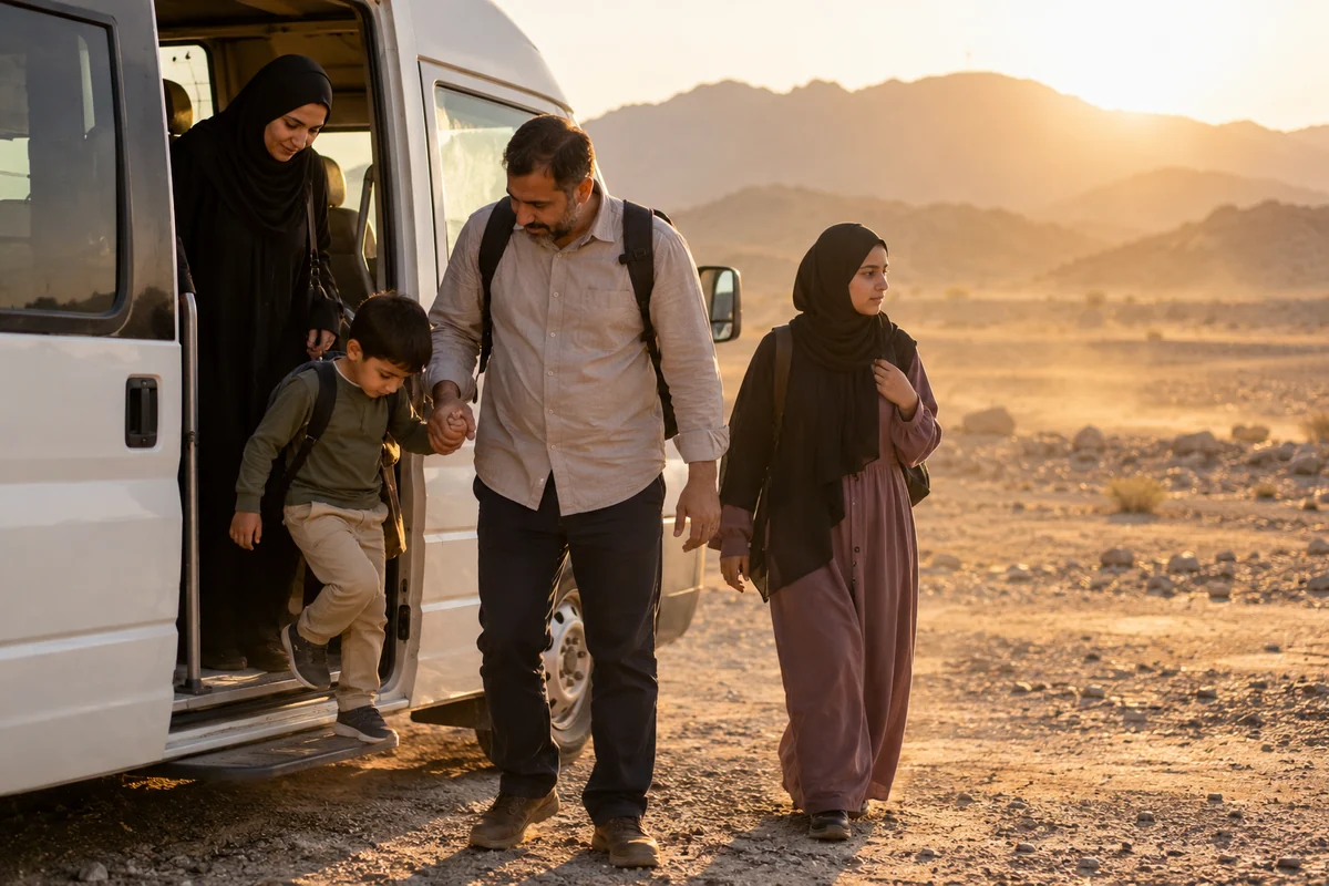 A family stepping down from a minibus on open ground outside Makkah during a Ziyarat tour